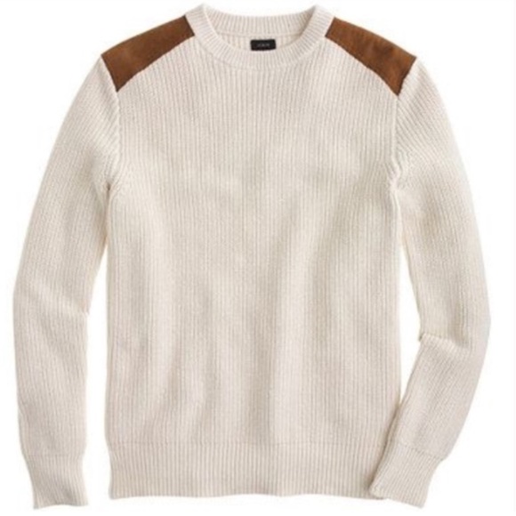 J.Crew Woodsman Suede Shoulder Patch Sweater – Cream – Size Large-Cotton/Leather - Picture 1 of 8